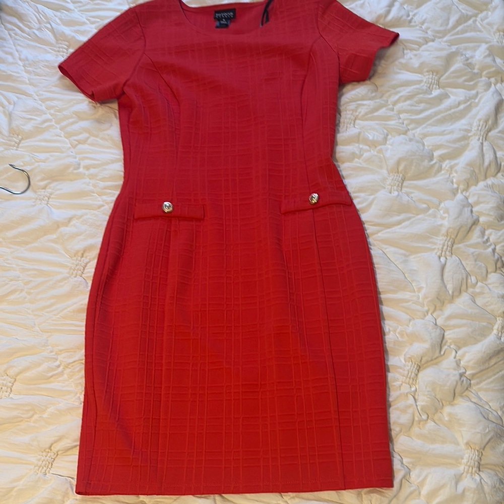 Enfocus Studio Red Sheath Midi Dress Crew Neck Short Sleeve